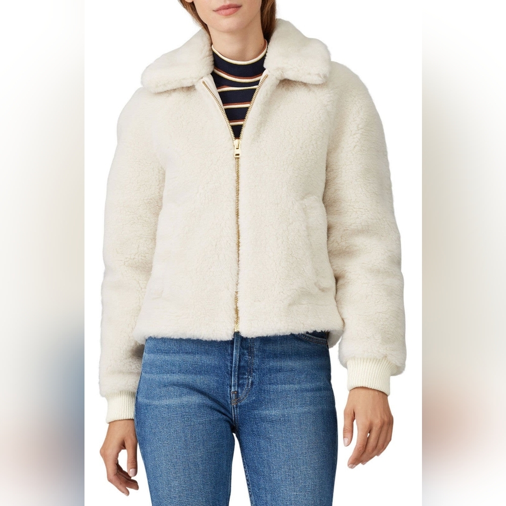 J. CREW Sherpa Bomber Jacket Teddy Plush Fleece Faux Fur Cream Small